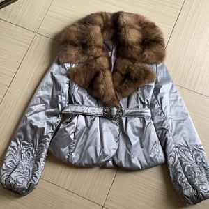 Silk down jacket with sable collar
